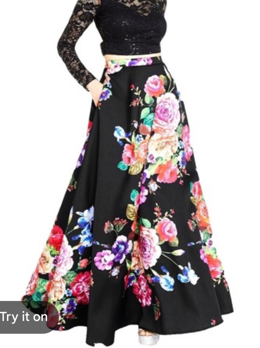 B Darlin Black Maxi Skirt with Multicolor Floral Print Sz 16W NWT B133